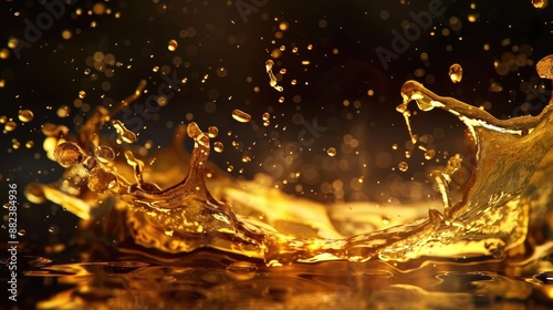 Golden liquid splash with droplets on black background.