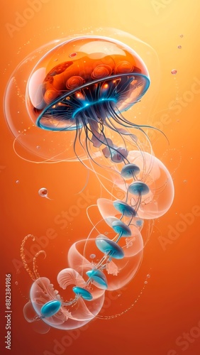 Surrealism image, biorobot jellyfish fly through the Quantum Universe, orange background,  wallpaper 17 photo