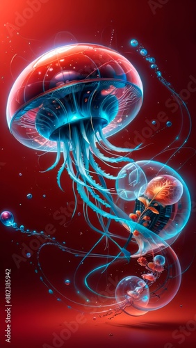 Surrealism image, biorobot jellyfish fly through the Quantum Universe, red background, wallpaper 18 photo