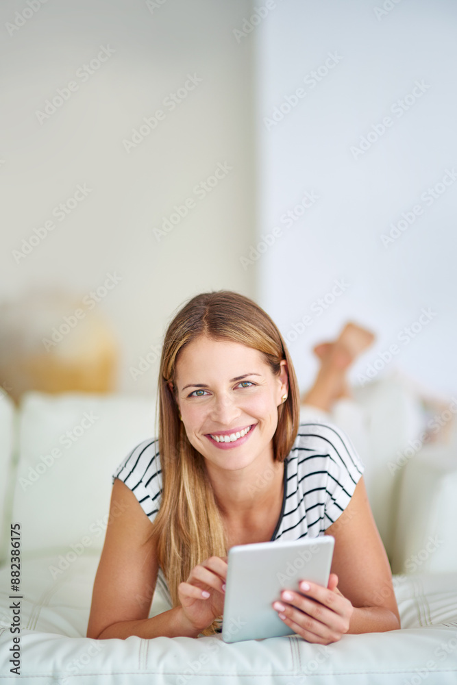 Smile, sofa and portrait of woman with tablet for communication, networking and connectivity. Home, relax and person with tech in living room for travel, website and research for holiday house rental Smile, sofa and portrait of woman with tablet for communication, networking and connectivity. Home, relax and person with tech in living room for travel, website and research for holiday house rental