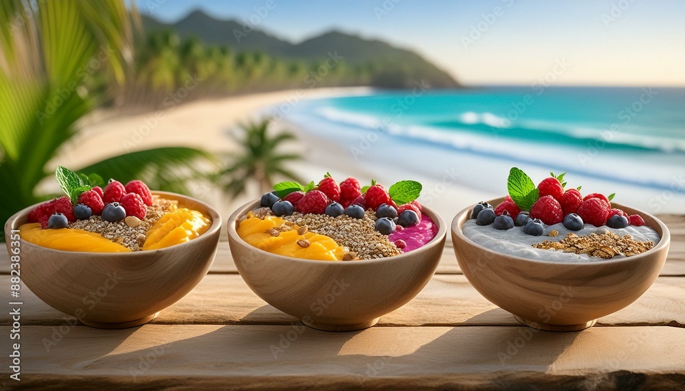 Vibrant Smoothie Bowls with Granola and Fresh Berries on a Tropical Beach Table. Generative AI