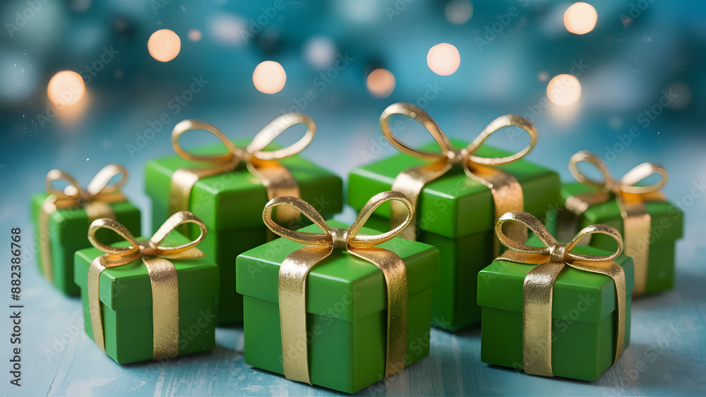 Christmas gift boxes with gold bow on blue defocused holiday background Christmas gift boxes with gold bow on blue defocused holiday background