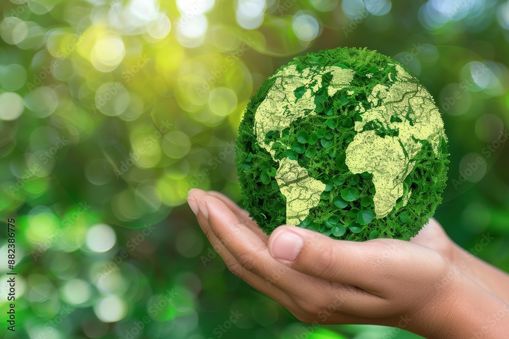 A hand cradles a globe formed entirely of lush green foliage, symbolizing the delicate nature of our planet and the importance of environmental protection. A hand cradles a globe formed entirely of lush green foliage, symbolizing the delicate nature of our planet and the importance of environmental protection.