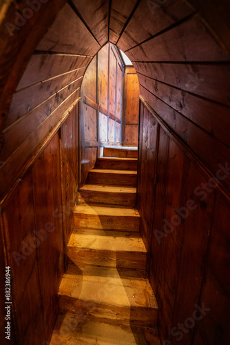 Old wooden staircase in a castle.