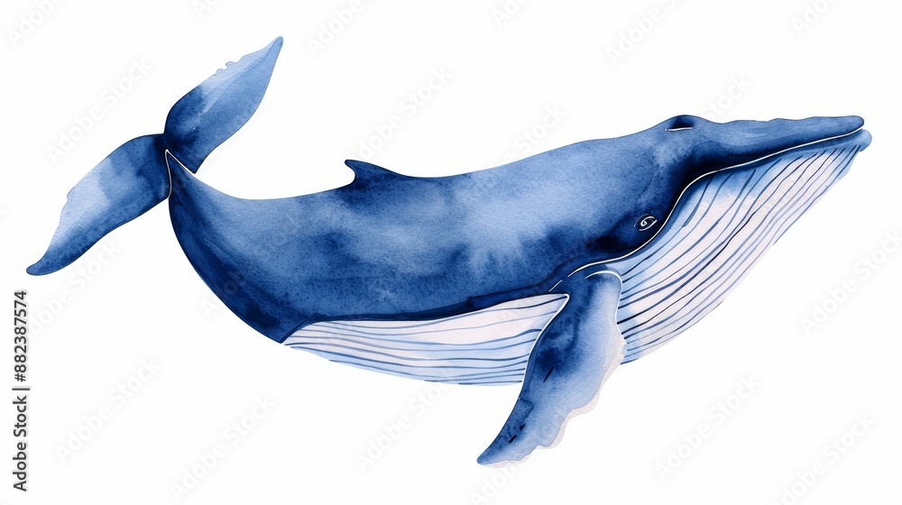 Naklejka premium A watercolor illustration of a blue whale, isolated on white, with fluid brush strokes and vibrant blue hues
