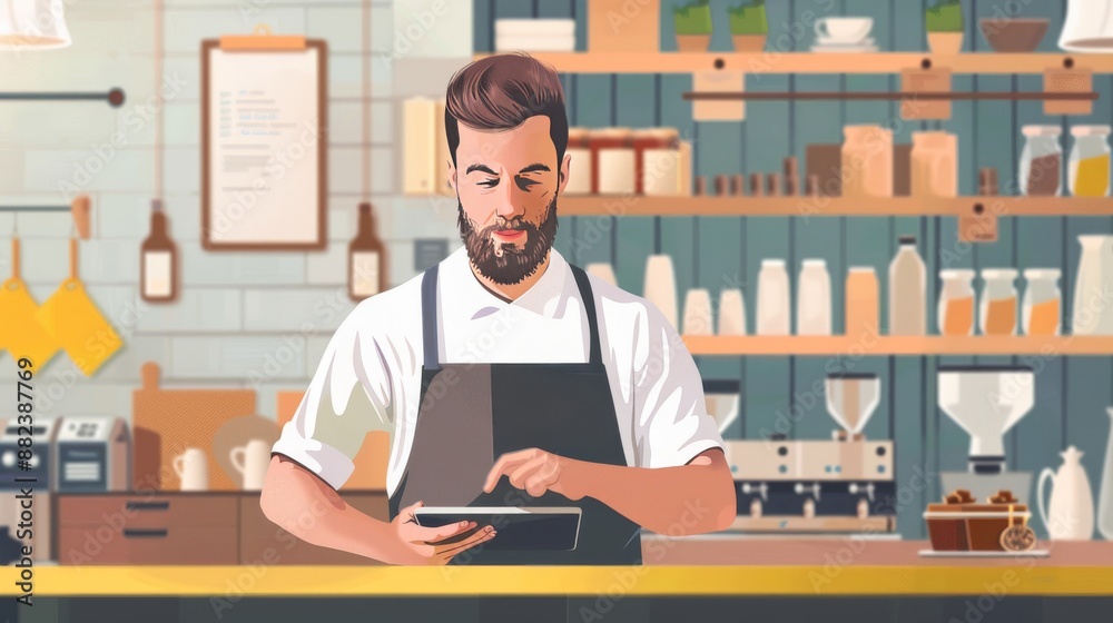 Barista, apron and man with tablet, thinking and internet with digital app, checklist and restaurant. Online order, service and entrepreneur with tech, schedule and waiter in cafe and business owner Barista, apron and man with tablet, thinking and internet with digital app, checklist and restaurant. Online order, service and entrepreneur with tech, schedule and waiter in cafe and business owner