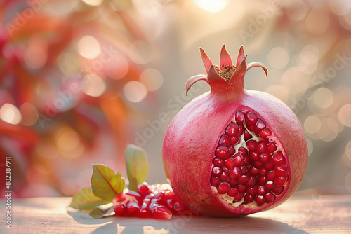 Fresh sliced pomegrantes, juicy healthy fruit halved, organic raw freshness photo