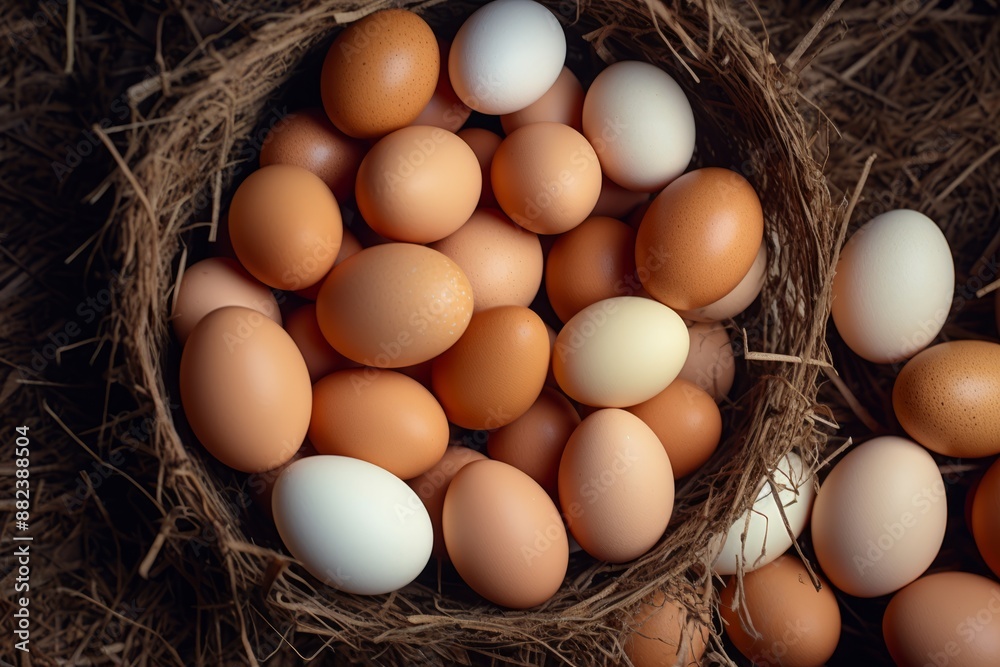 A close-up of a nest filled with a variety of chicken eggs, ranging in color from white to brown. The eggs are arranged naturally in a straw nest, highlighting their organic and farm-fresh nature A close-up of a nest filled with a variety of chicken eggs, ranging in color from white to brown. The eggs are arranged naturally in a straw nest, highlighting their organic and farm-fresh nature