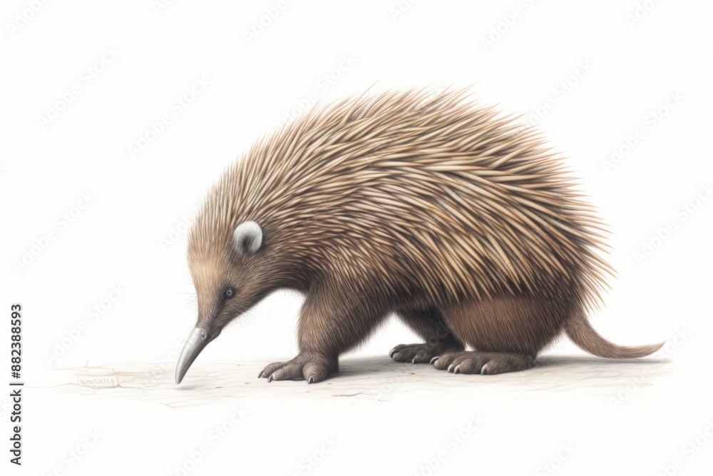 Fototapeta premium An echidna in full growth on a white background, showcasing its spiky fur and long snout