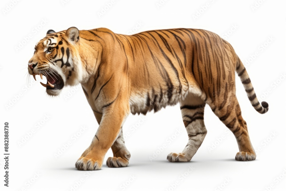 Obraz premium A saber-toothed tiger depicted in full growth against a white background, showcasing its distinctive long fangs, muscular build, and striking striped fur pattern. The tigers fierce expression