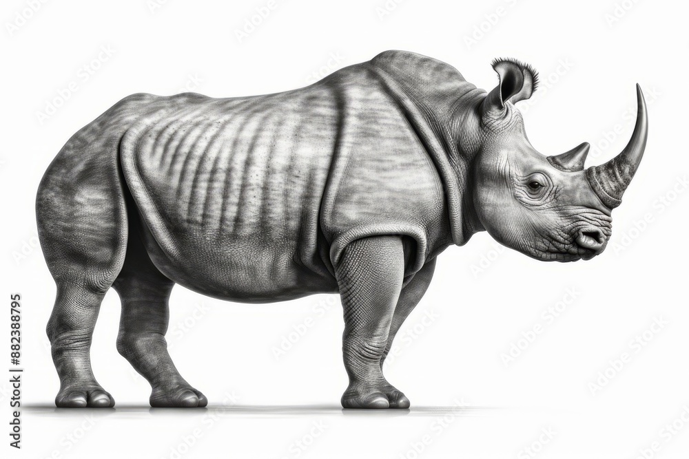 Fototapeta premium A detailed black and white illustration of a rhinoceros standing in full profile, showcasing its thick, textured skin and a very long horn. The image highlights the rhinos powerful build