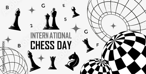 International Chess Day Poster Template using y2k elements, surreal geometric shapes, and Chess pieces, Knight, Queen, King and Pawn. Vector Illustration.