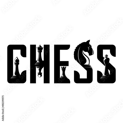 Chess Club creative typography using words and silhouettes of chess pieces a queen, bishop, knight, rook and pawn pieces. Vector illustration.