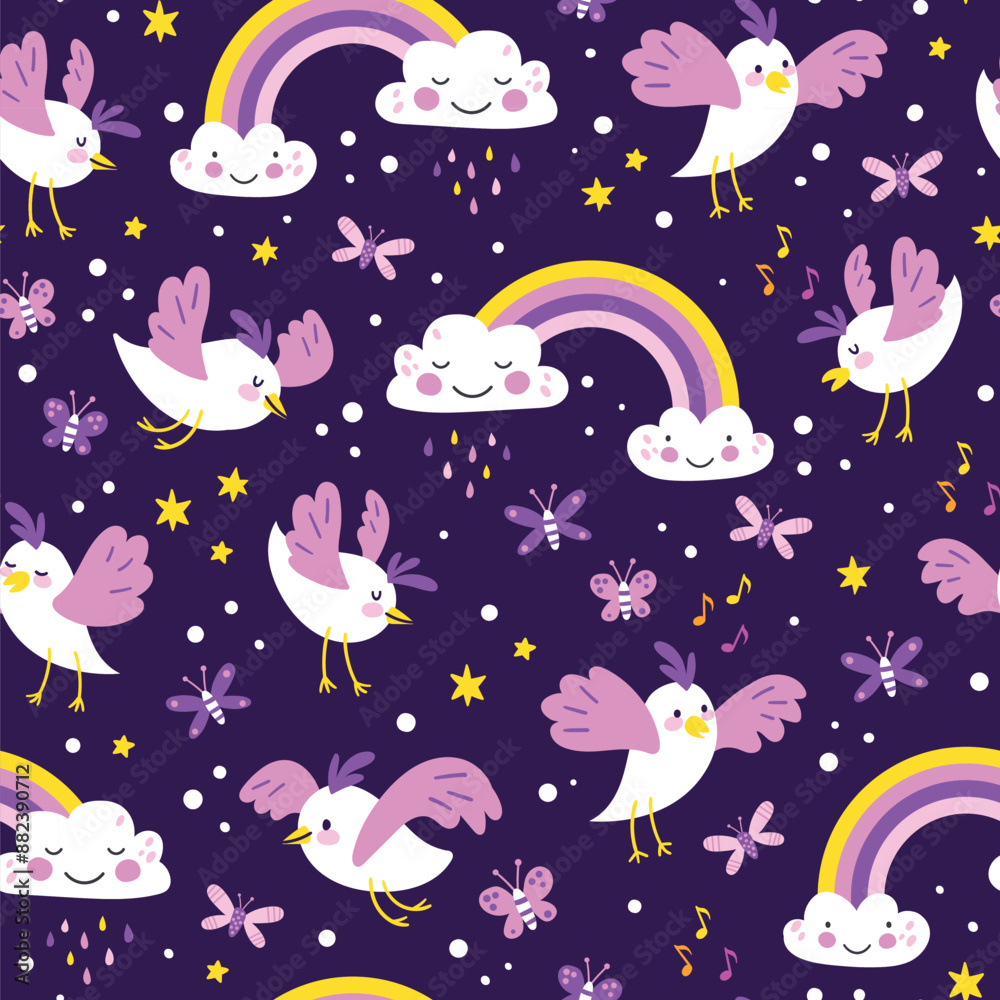 Cute Birds pattern with Rainbow, Clouds, Birds, butterflies, Cartoon Characters. Vector seamless pattern. Great for children's clothing and school supplies