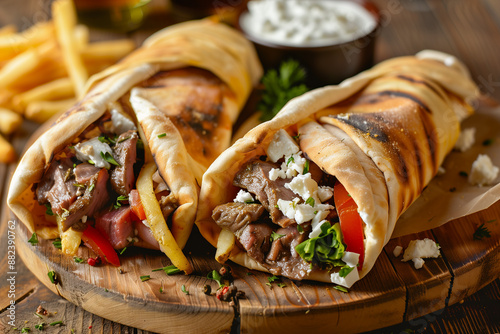 two greek gyros with shaved lamb and french fries