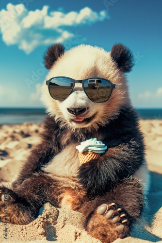 Panda bear relaxes on sandy beach wearing sunglasses. Panda holds ice cream cone and enjoys calm ocean view with small waves. Clear blue sky with few clouds above. Perfect summer vacation scene.