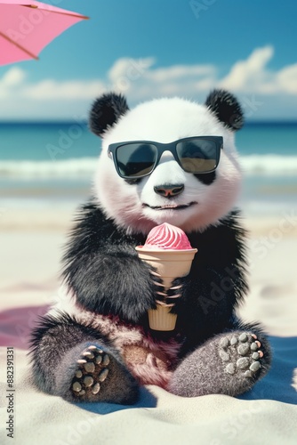 Panda bear sits on sandy beach wearing sunglasses holding pink ice cream cone. Relaxing panda enjoys summer day at ocean shore with clear blue sky, fluffy clouds. Panda contrasts with sand and sea.