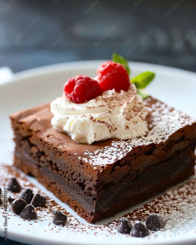 A chocolate brownie with whipped cream and raspberries. A chocolate brownie with whipped cream and raspberries.