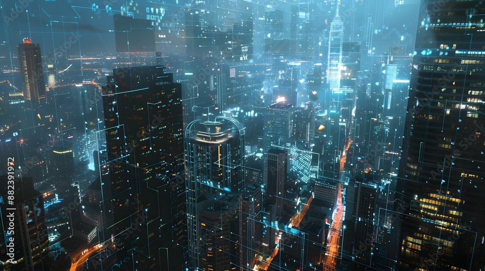 Data theme hologram drawing on city view with skyscrapers background multi exposure. Ai concept. Data theme hologram drawing on city view with skyscrapers background multi exposure. Ai concept.