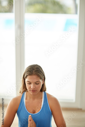Woman, peace and yoga in home with namaste for energy balance, wellness or gratitude with fitness. Girl, calm and anjali mudra in house for health, zen and exercise with mindfulness and meditation Free Download Woman, peace and yoga in home with namaste for energy balance, wellness or gratitude with fitness. Girl, calm and anjali mudra in house for health, zen and exercise with mindfulness and meditation - GFXLoad