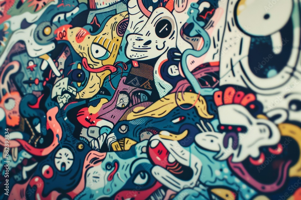 Colorful abstract graffiti-style art with whimsical characters and shapes. Colorful abstract graffiti-style art with whimsical characters and shapes.