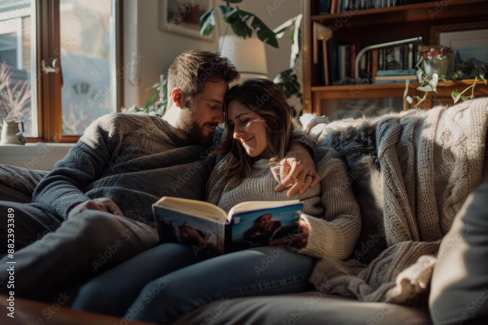 Cozy couple reading together on a comfortable couch in a warm, inviting home. Cozy couple reading together on a comfortable couch in a warm, inviting home.