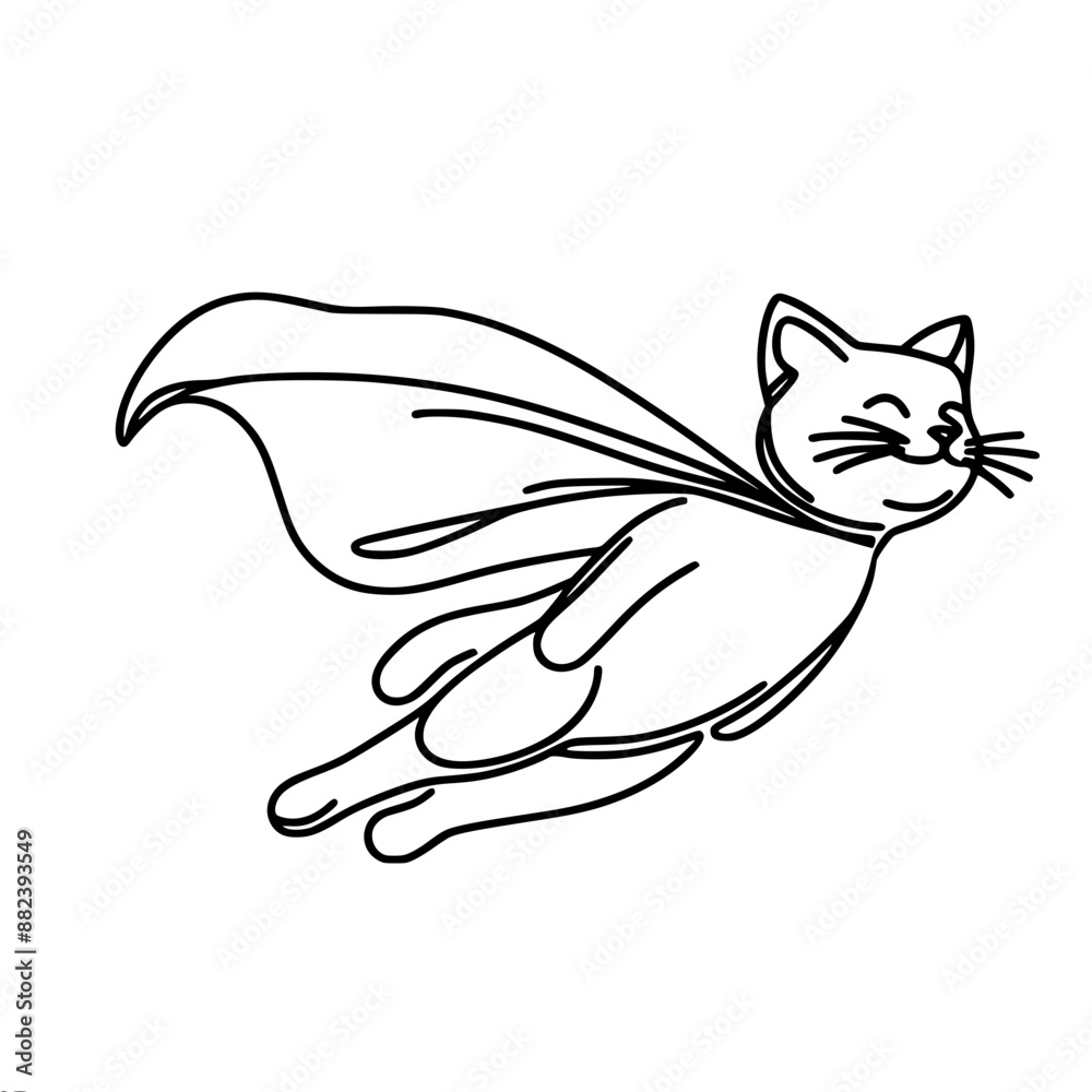 drawing of a cat flying with a superhero cape, the lines are simple and minimalistic, single line vector drawing in one black line on a white background