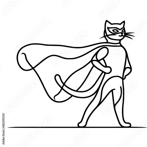 a cat standing on its hind legs, wearing a superhero costume with a cape, single black line vector drawing on a white background,in profile