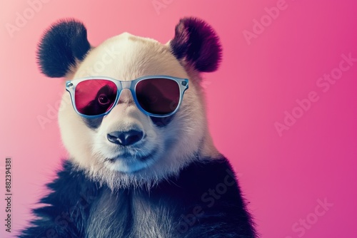 Panda bear stands upright on hind legs against pink background. Wearing blue sunglasses, red scarf, panda looks directly at camera with friendly gaze. Perfect for eco-friendly, tech, fashion themes.