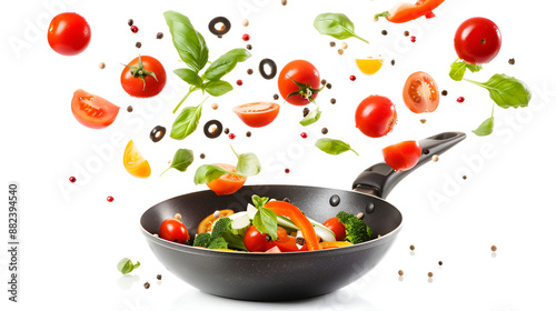 Fresh vegetables flying into a pan, isolated on white background