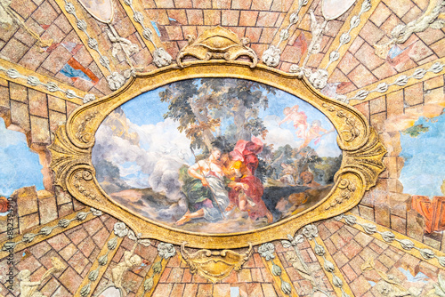 A fresco depicting the Greek myth of Venus and Adonis, painted on the ceiling of the Sala Terrena, a grand hall located within the Vrtba Garden in Prague, Czechia. The fresco shows Venus, the Roman photo