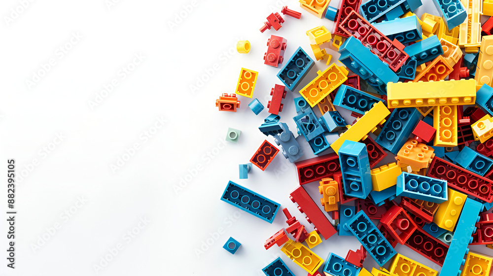 Fototapeta premium Lego is a line of plastic construction toys that are manufactured by The Lego Group. Top view with copy space