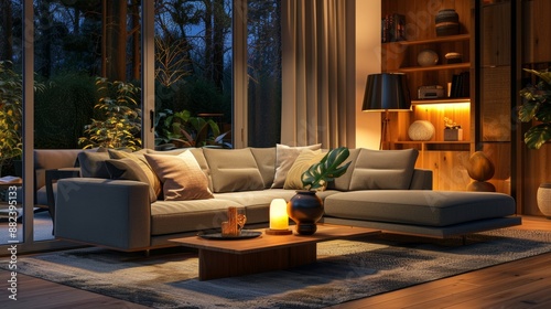 Interior of modern living room with grey sofa, wooden coffee table and glowing lamps at evening 