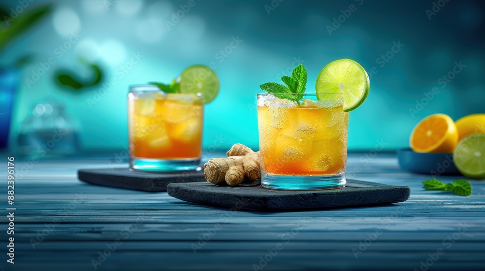 Fototapeta premium Two refreshing cocktails with lime and mint on a blue wooden table. Background is blurred with bokeh lights.