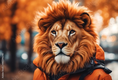 winter trendy jacket color fashion orange fall bright lion casual attire profile style animal design spring autumn monochrome poster pop art character 80s lifestyle