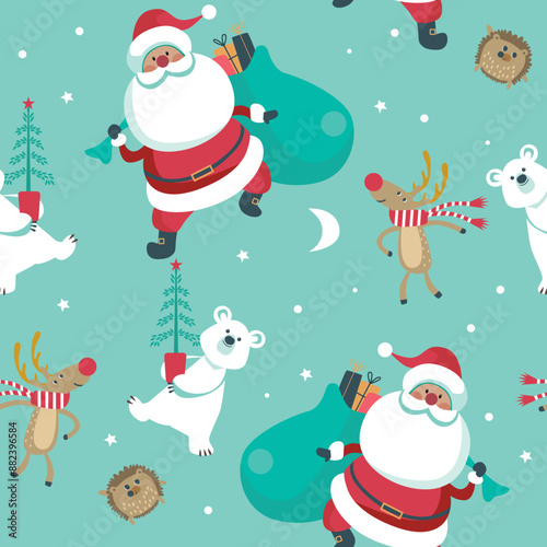 Christmas seamless pattern with Santa, deer and polar bear. 