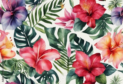 island watercolor print pattern flowers tropical leaf floral seamless wrapping spring wallpaper