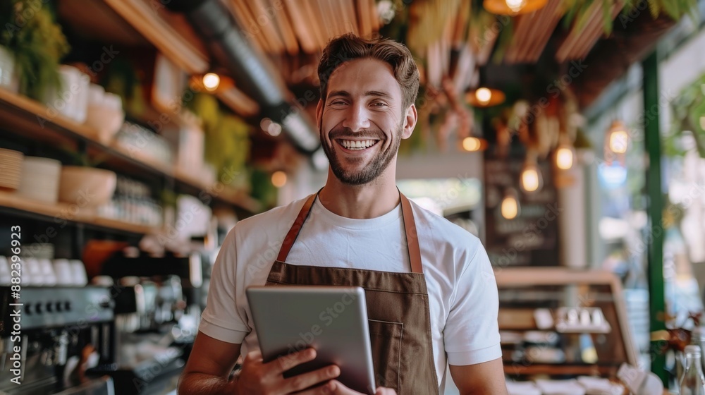 Man in restaurant, tablet and inventory check, small business and entrepreneur in hospitality industry. Male owner, scroll and cafe franchise, digital admin and stock taking with connectivity Man in restaurant, tablet and inventory check, small business and entrepreneur in hospitality industry. Male owner, scroll and cafe franchise, digital admin and stock taking with connectivity