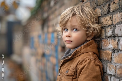 Blonde Child in Brown Jacket by Brick Wall