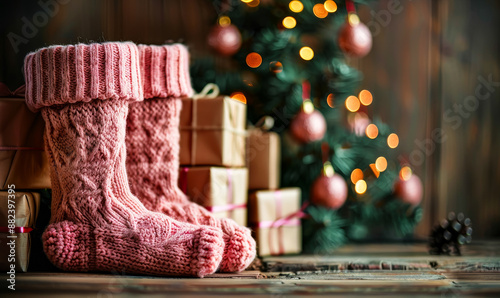 Wallpaper Mural Pink Knitted Santa Stocking with Gift Boxes on Wooden Background and Christmas Tree Bokeh Lights Decor, Festive Holiday Scene Torontodigital.ca