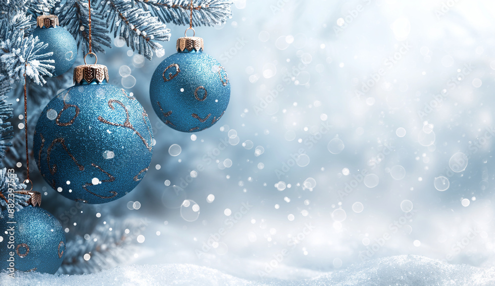 Three Blue Christmas Baubles Resting in Snow Three Blue Christmas Baubles Resting in Snow