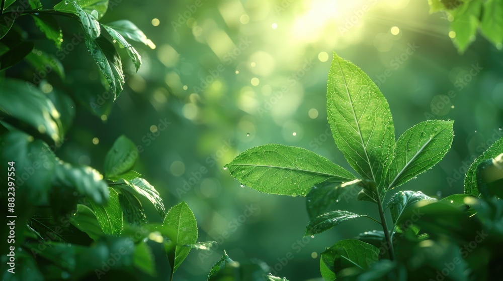 Fresh Dew on Vibrant Green Leaves with Sun Flare Background Fresh Dew on Vibrant Green Leaves with Sun Flare Background