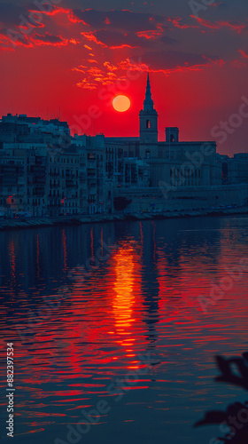 Valletta Skyline Silhouette and Reflecting Sunset Over Water, Dramatic and Vibrant Colors, Malta, Iconic Architecture and Tranquil Evening Scene for Travel and Tourism