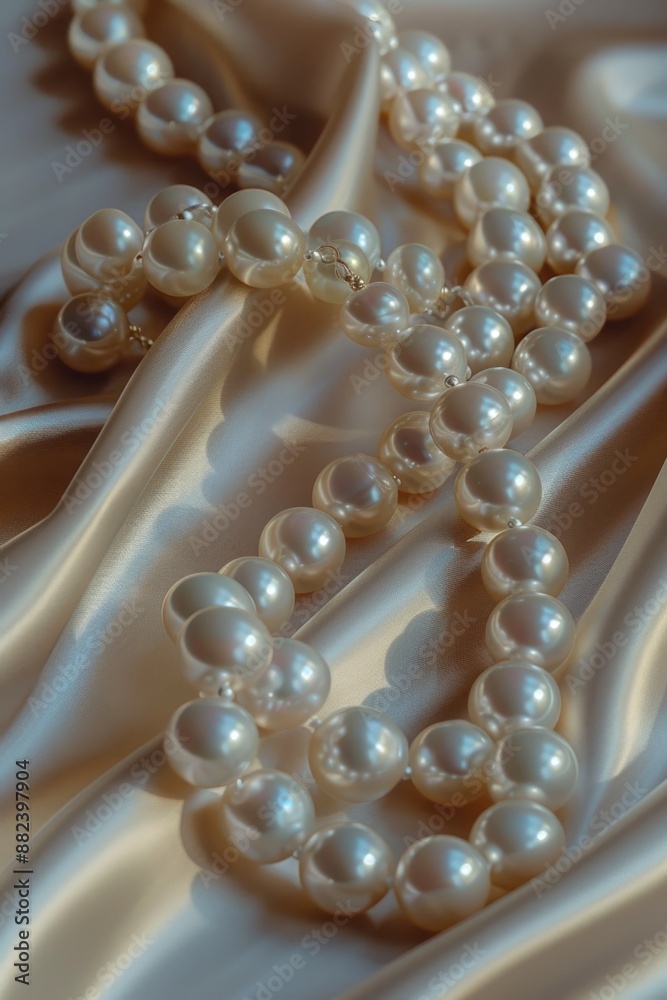 Elegant Pearl Necklace on Luxurious Satin Fabric Backdrop Elegant Pearl Necklace on Luxurious Satin Fabric Backdrop