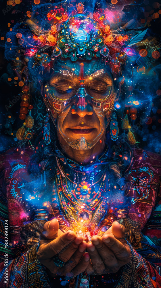 Fototapeta premium Shamanic Ritual with Ayahuasca at Night, Mystic Spiritual Journey, Transformative Psychedelic Experience, Ancient Traditions and Self Discovery, Ethereal Night Setting, Vibrant Colors and Symbols