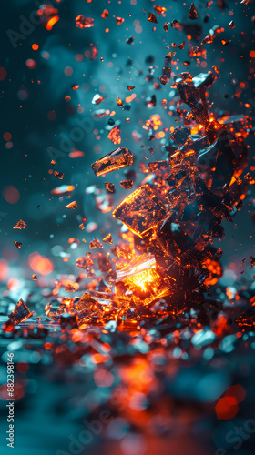 Dynamic Shattered Glass Text Concept with Fiery Explosion and Sparks in Dramatic Evening Setting for Creative Art and Technology Themes photo