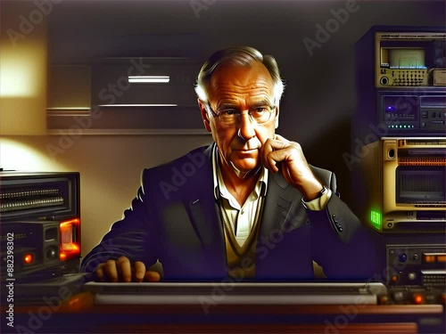 A man sits surrounded by a clutter of analog devices wires radios dials and gauges processing code on an old computer in front of him