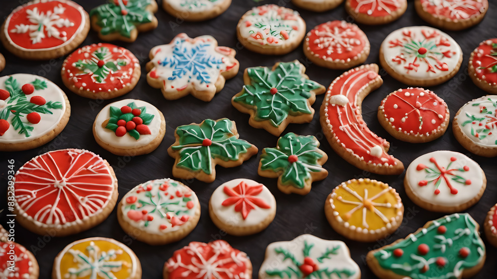 A delightful display of hand-painted traditional festive cookies. Generative AI A delightful display of hand-painted traditional festive cookies. Generative AI