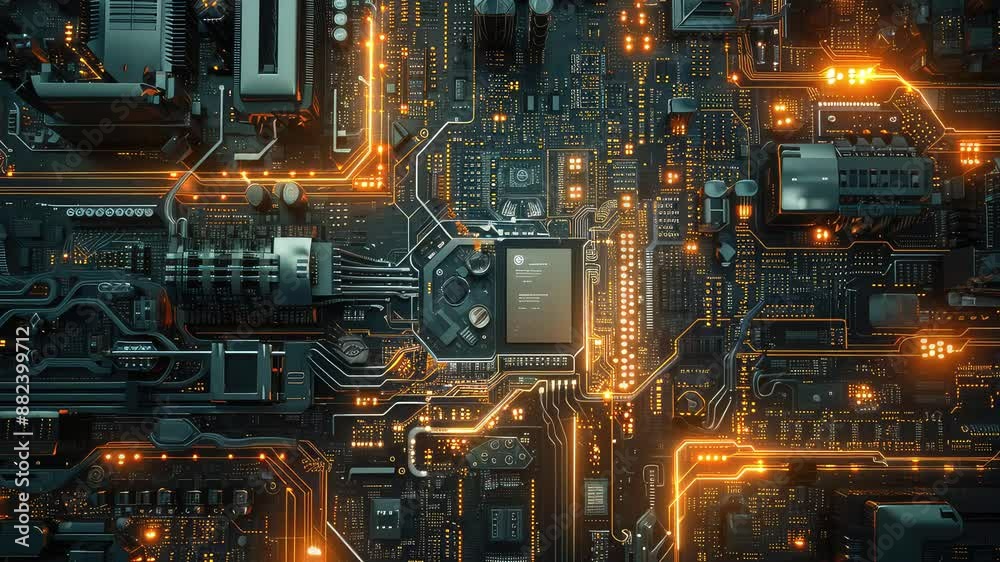 Electronic circuit board, computer motherboard with gold backlight. Futuristic design, advanced technologies. Electronic circuit board, computer motherboard with gold backlight. Futuristic design, advanced technologies.