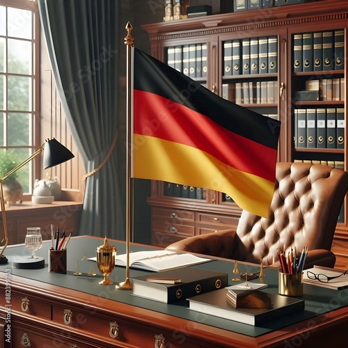 German Flag on a wooden Desk in a Formal Office Setting photo